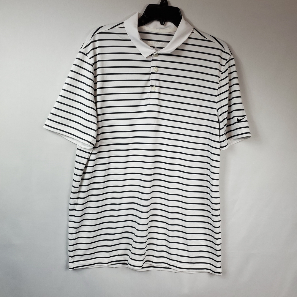 Nike Golf Standard Fit White Grey Stripe Collared Mens Polo Large
